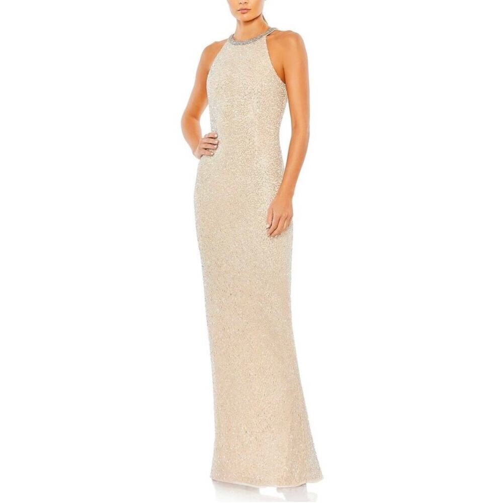 New Mac Duggal 93742 Studded Halter Neckline Sheath Dress Nude Size 4
